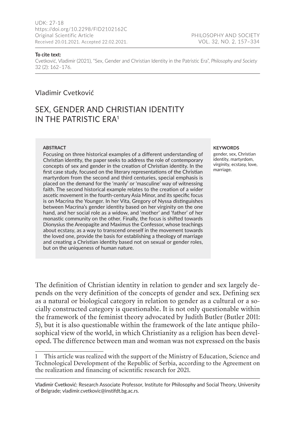 Sex, Gender and Christian Identity in the Patristic Era1