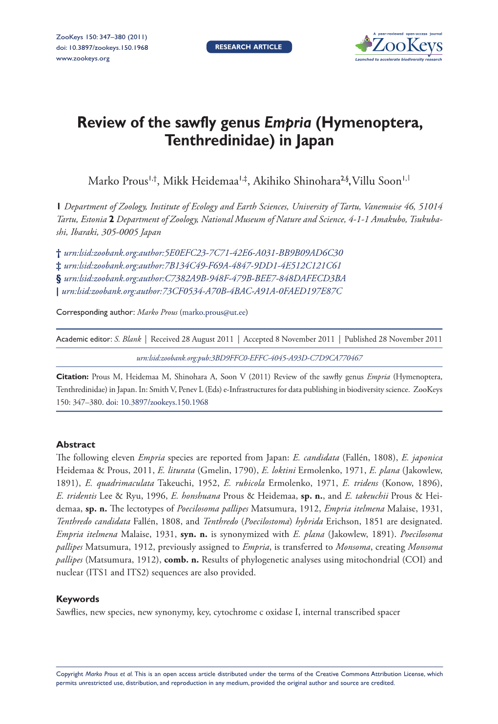 Review of the Sawfly Genus Empria (Hymenoptera, Tenthredinidae) in Japan