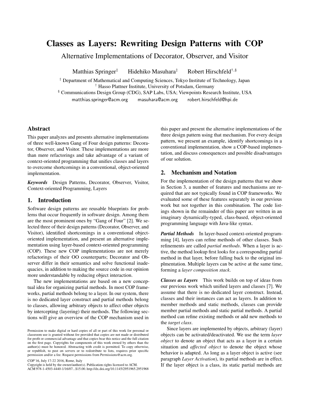 Rewriting Design Patterns with COP Alternative Implementations of Decorator, Observer, and Visitor