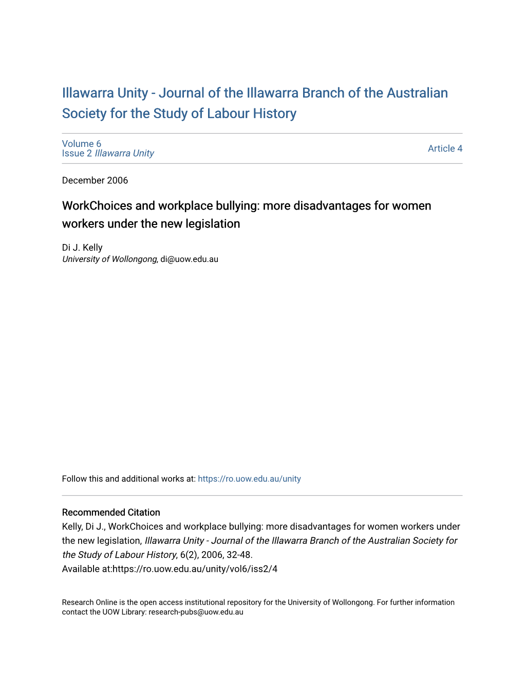 Workchoices and Workplace Bullying: More Disadvantages for Women Workers Under the New Legislation