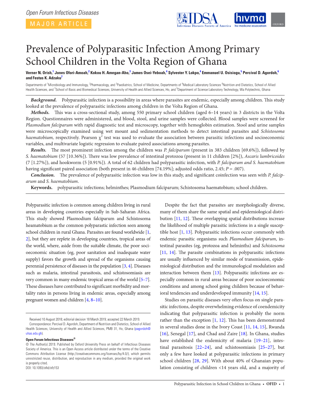 Prevalence of Polyparasitic Infection Among Primary School Children in the Volta Region of Ghana Verner N