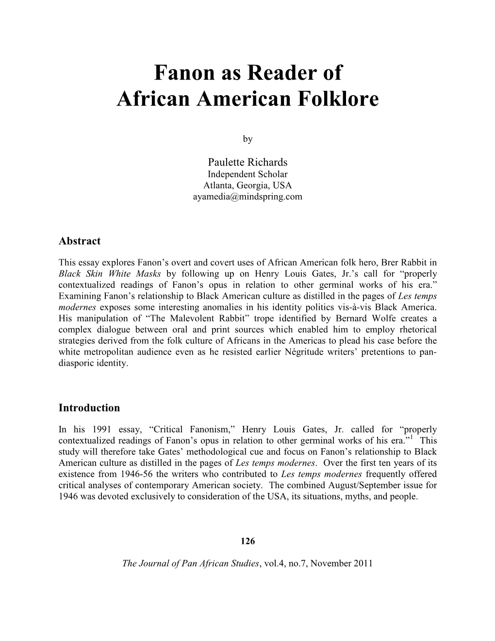 Fanon As Reader of African American Folklore