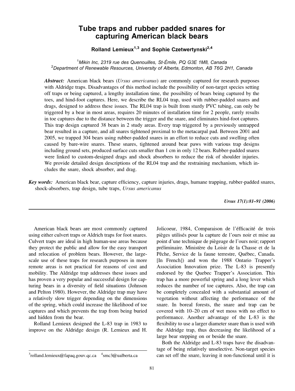 Tube Traps and Rubber Padded Snares for Capturing American Black Bears