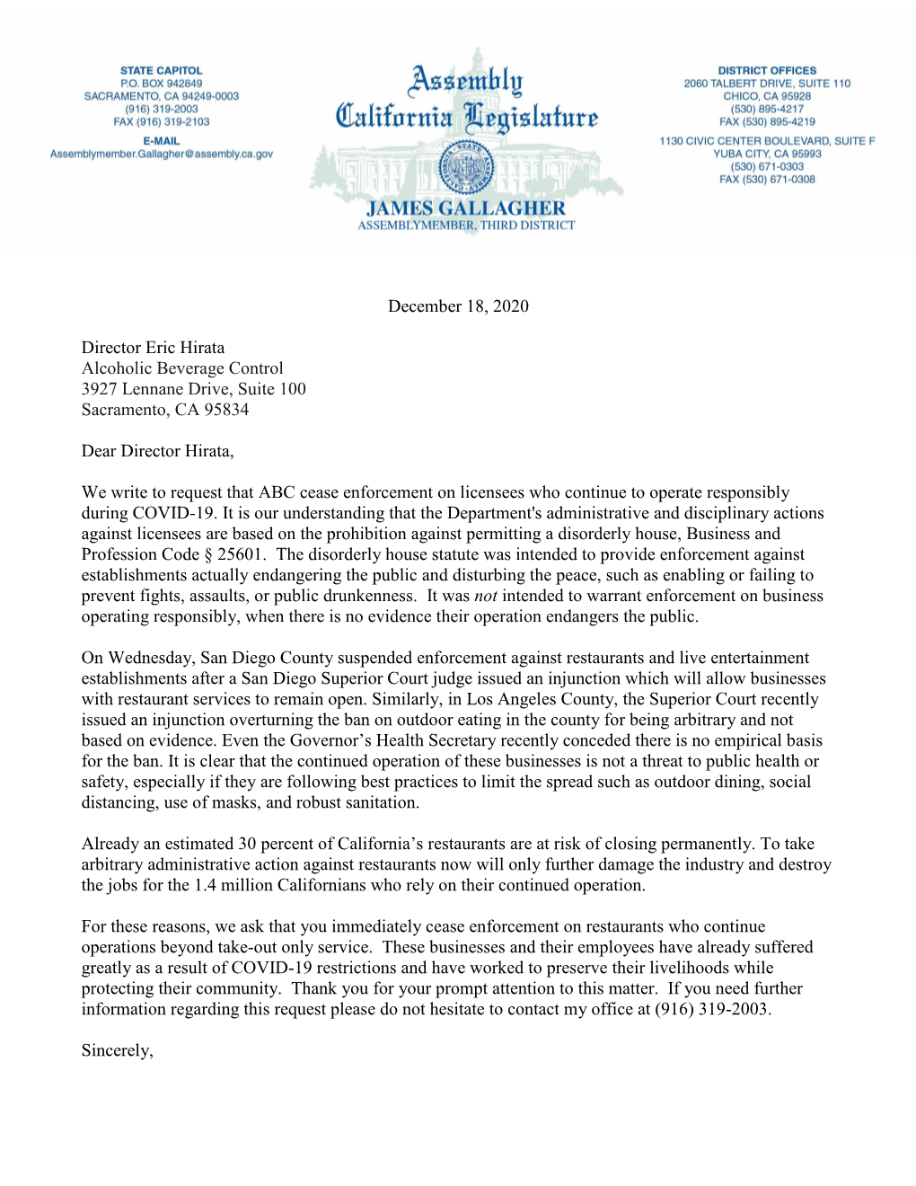 December 18, 2020 Director Eric Hirata Alcoholic Beverage Control 3927 Lennane Drive, Suite 100 Sacramento, CA 95834 Dear Direct