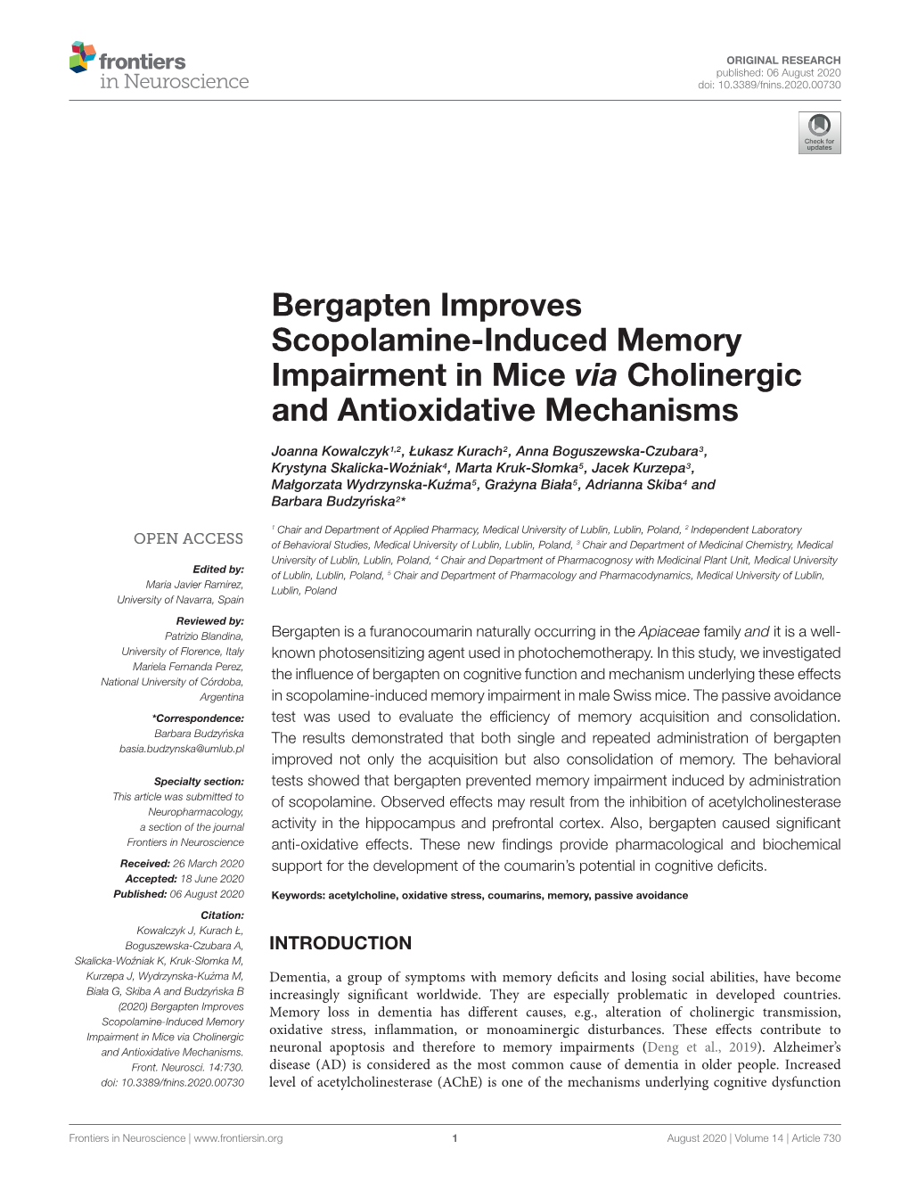 Bergapten Improves Scopolamine-Induced Memory Impairment in Mice Via Cholinergic and Antioxidative Mechanisms