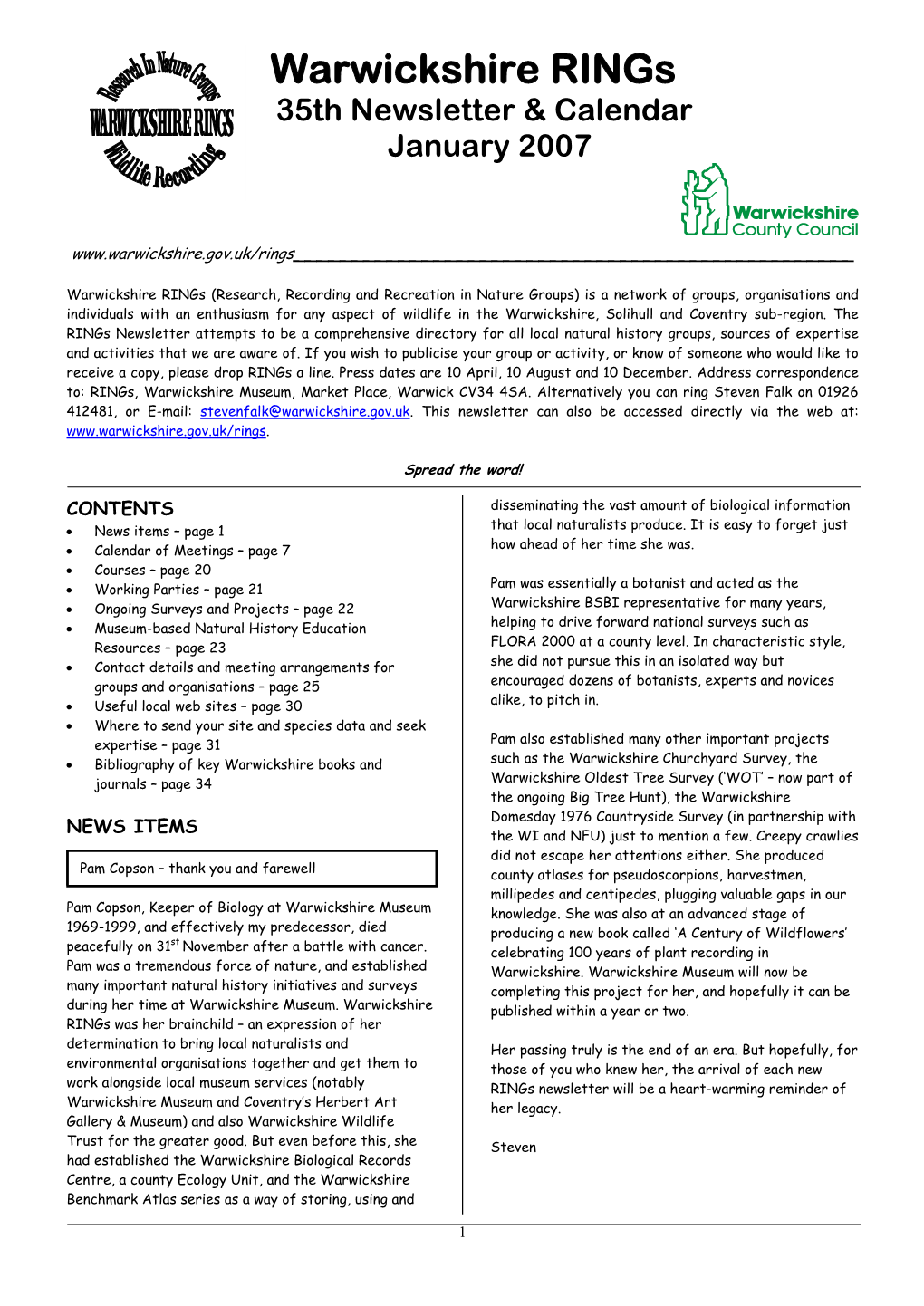 Warwickshire Rings 35Th Newsletter & Calendar January 2007