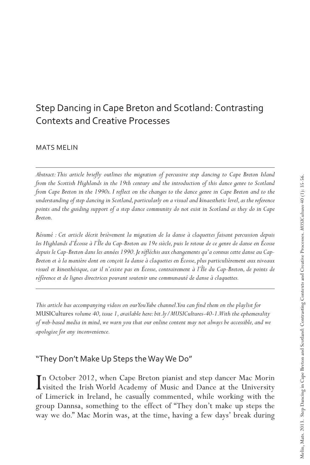 Step Dancing in Cape Breton and Scotland: Contrasting Contexts and Creative Processes