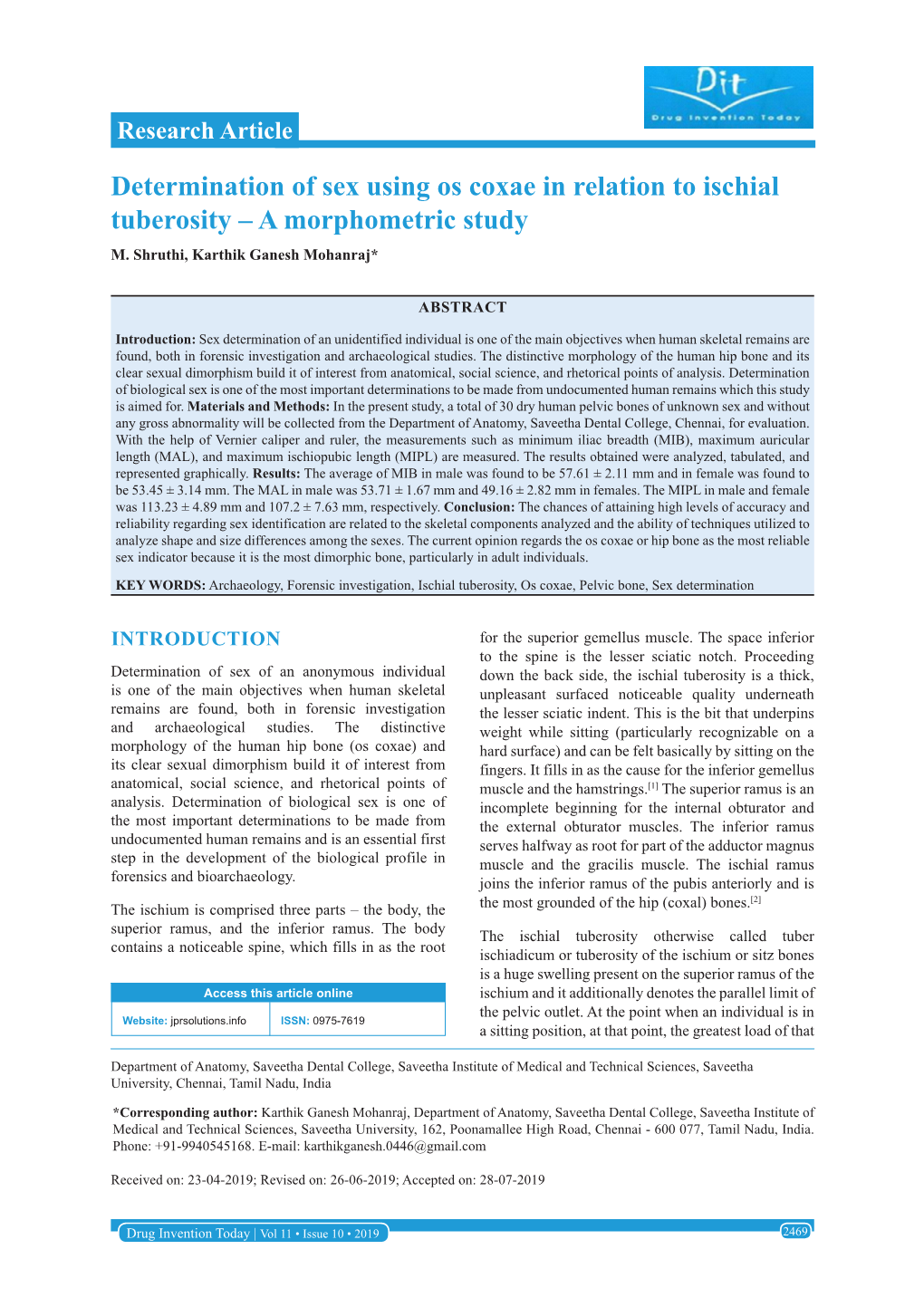 Determination of Sex Using Os Coxae in Relation to Ischial Tuberosity – a Morphometric Study M