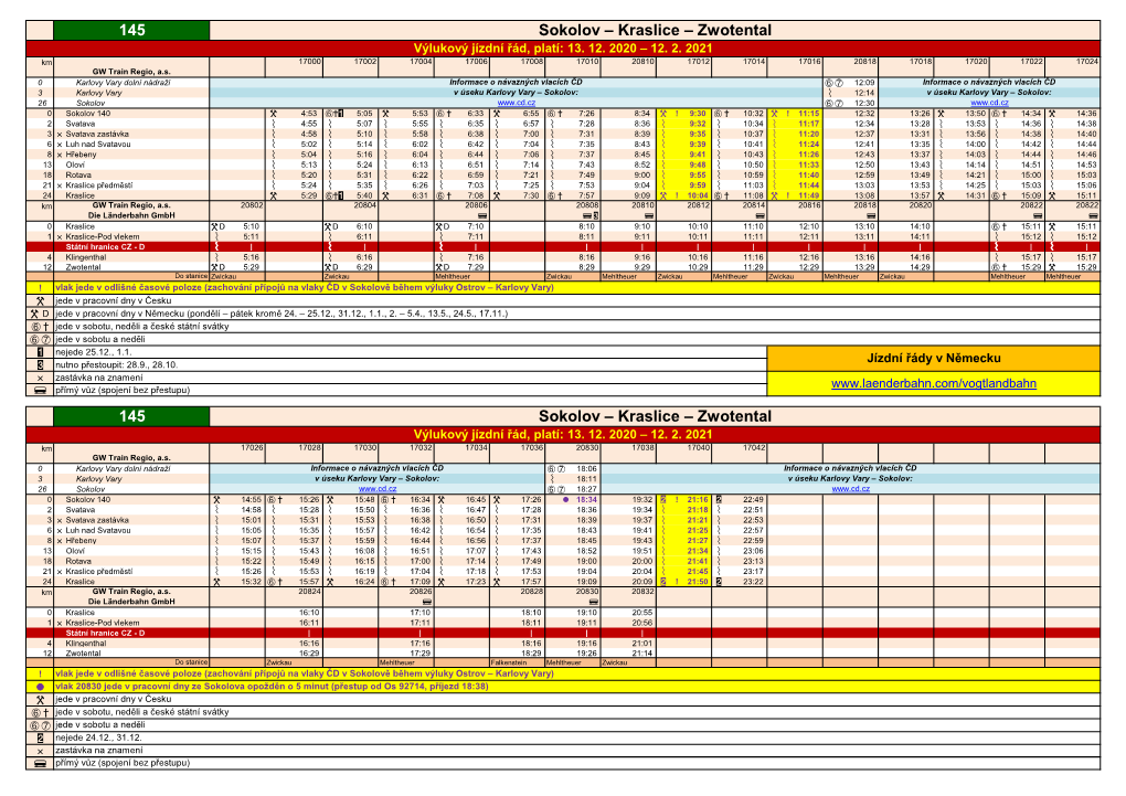 Kraslice – Zwotental Výlukový Jízdní Řád, Platí: 13