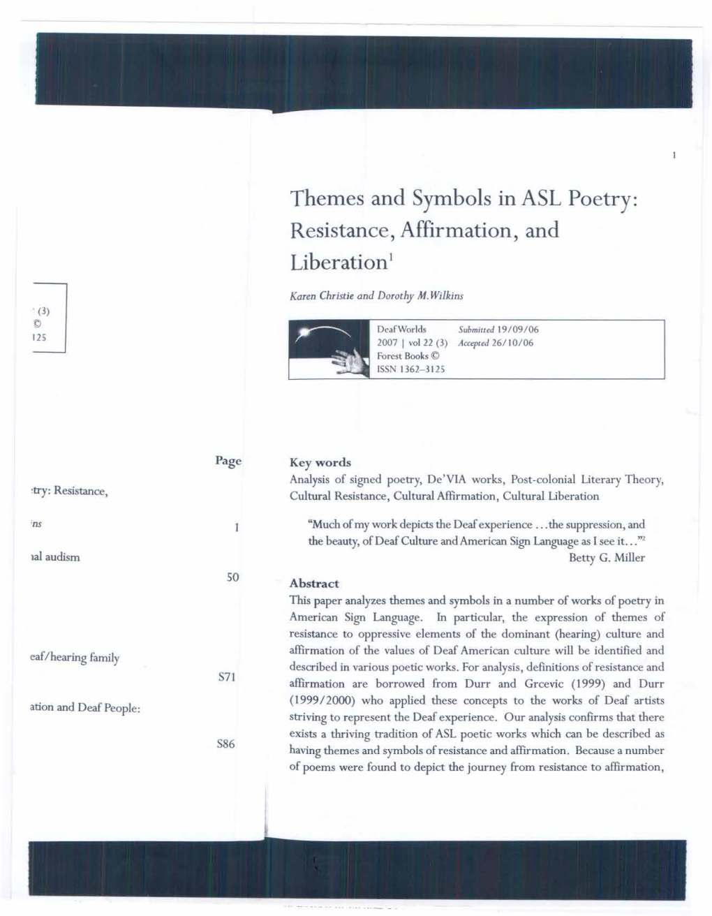 Themes and Symbols in ASL Poetry: Resistance, Affirmation, and Liberation 1