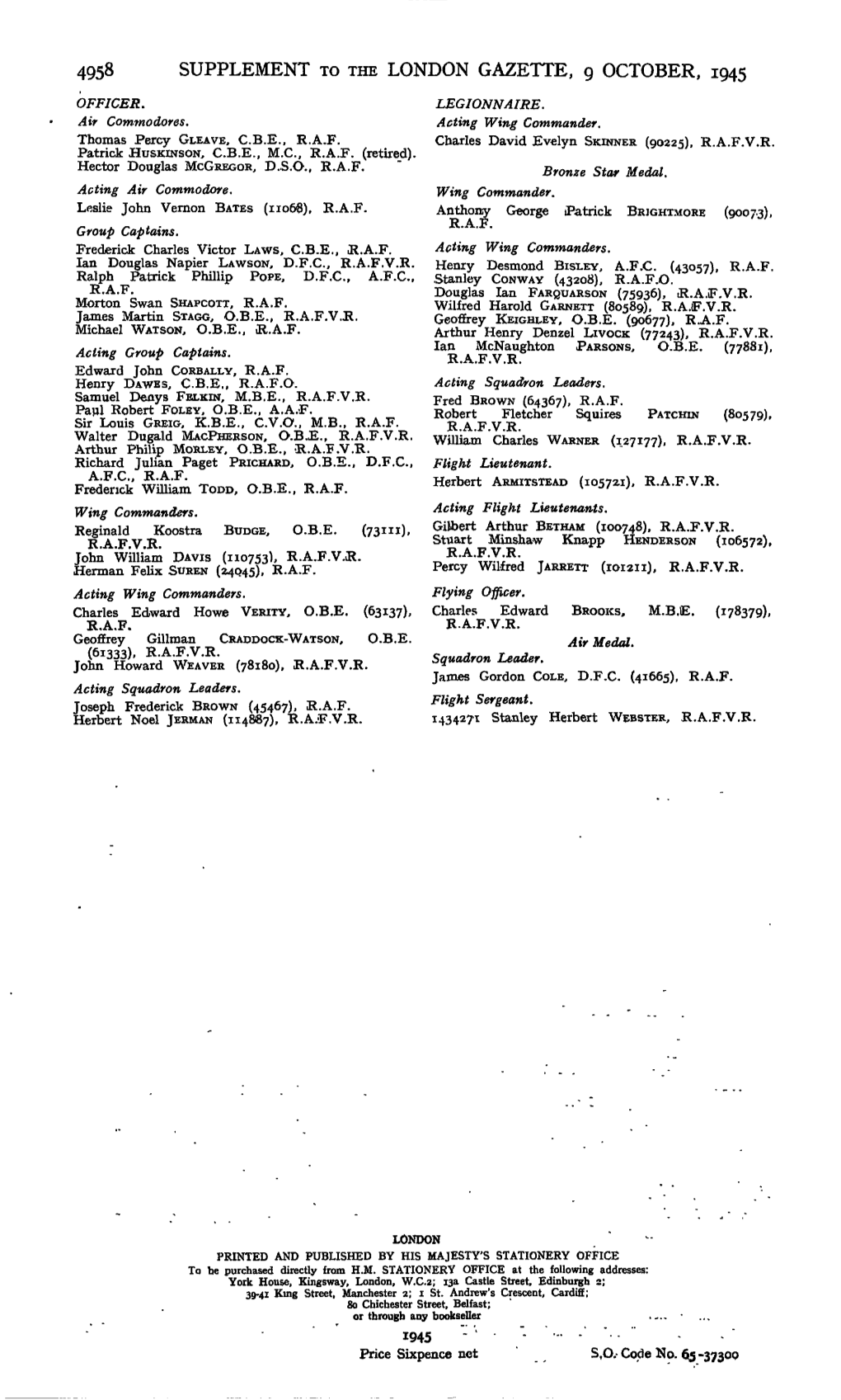 4958 Supplement to the London Gazette, 9 October, 1945 Officer