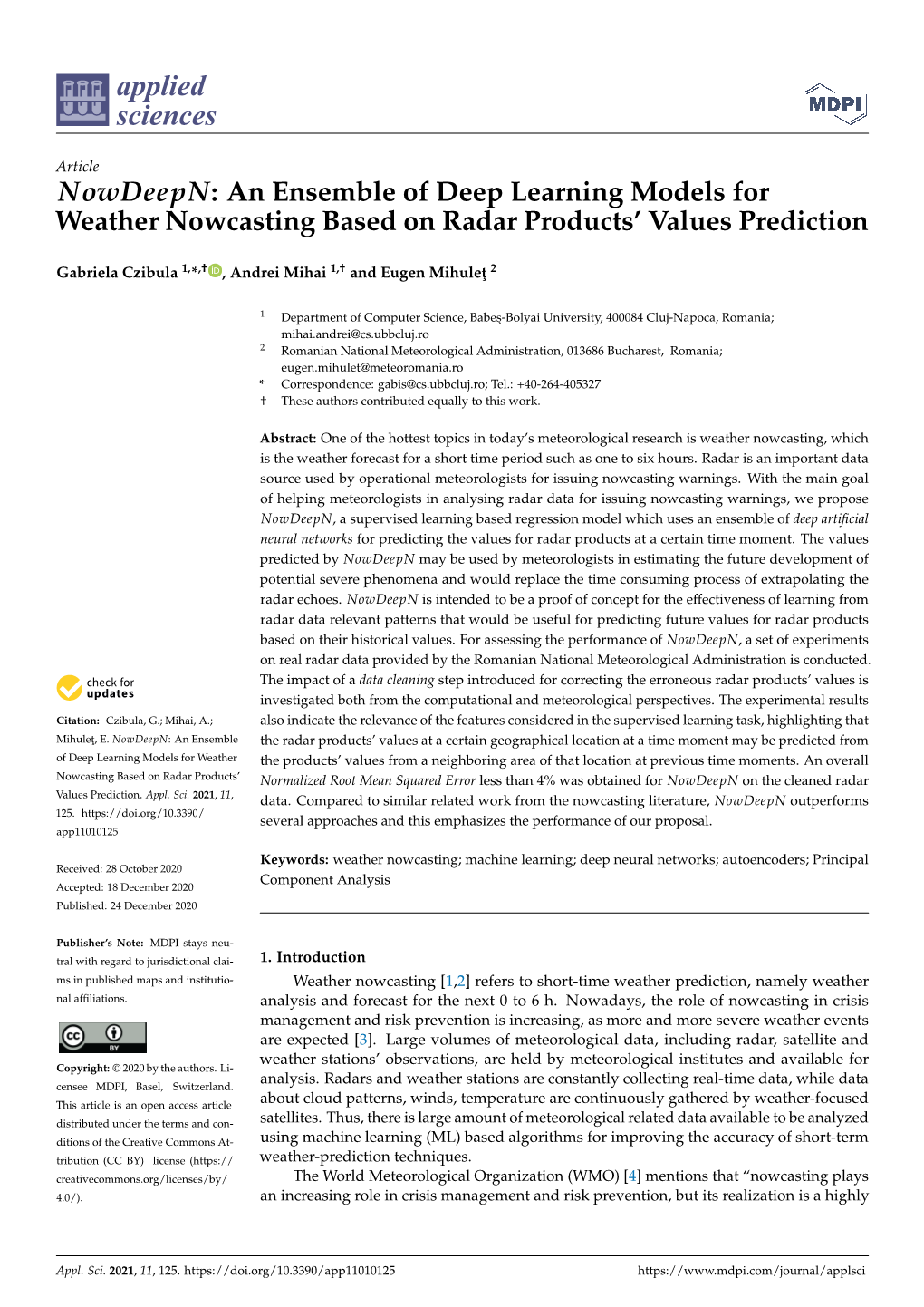 An Ensemble of Deep Learning Models for Weather Nowcasting Based on Radar Products’ Values Prediction