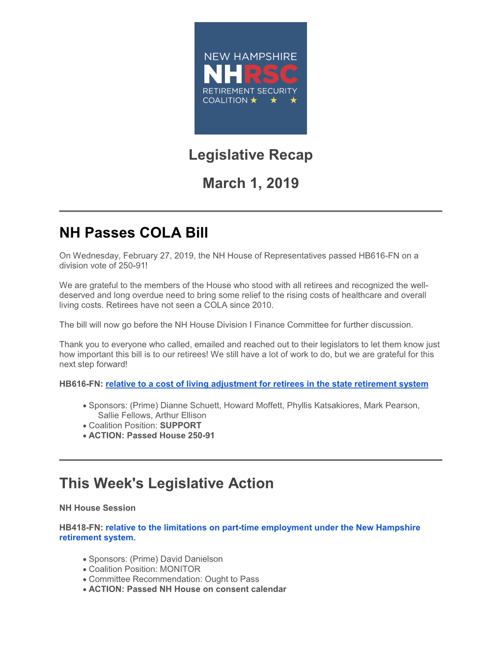 Legislative Recap March 1, 2019 NH Passes COLA Bill This Week's