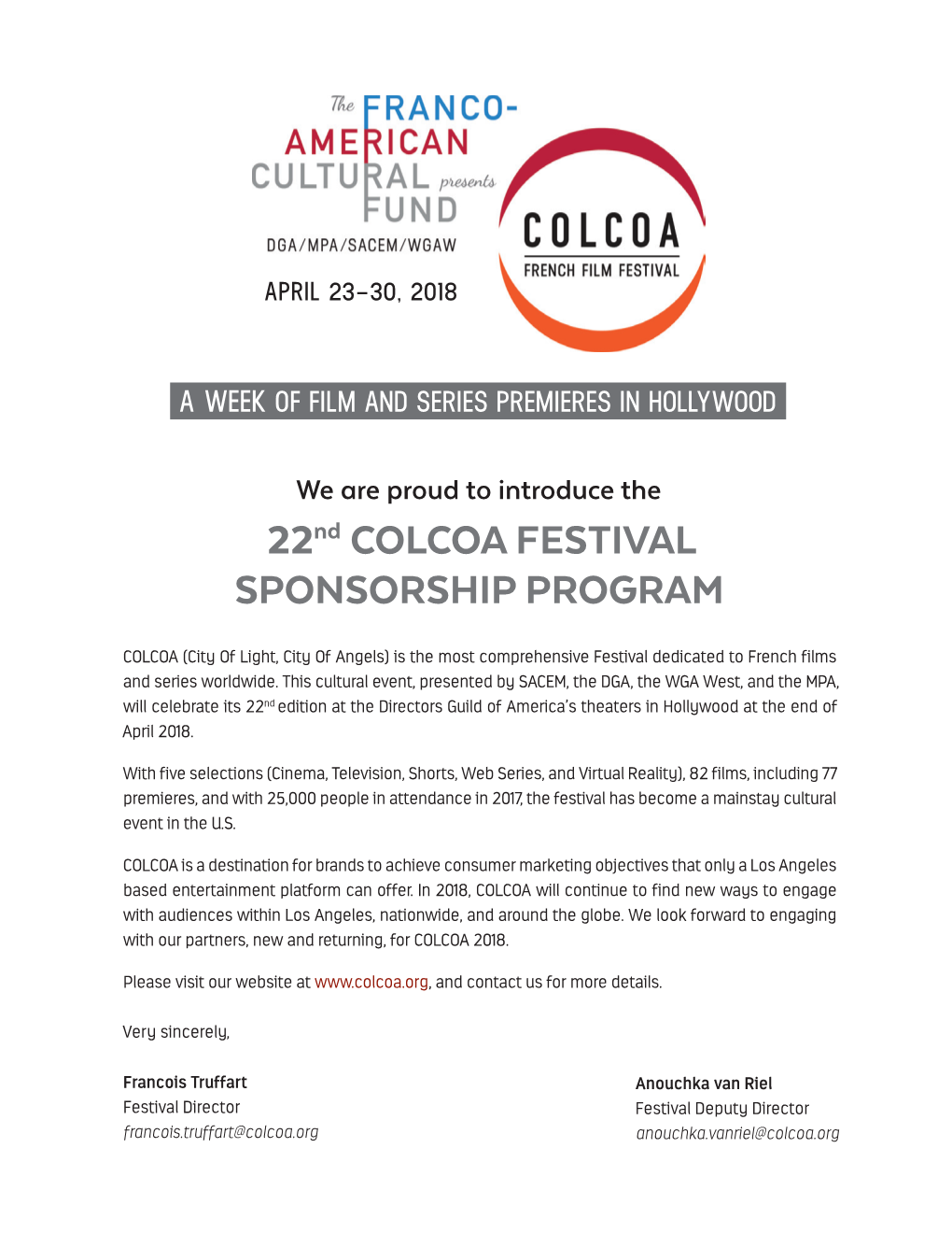 22Nd COLCOA FESTIVAL SPONSORSHIP PROGRAM