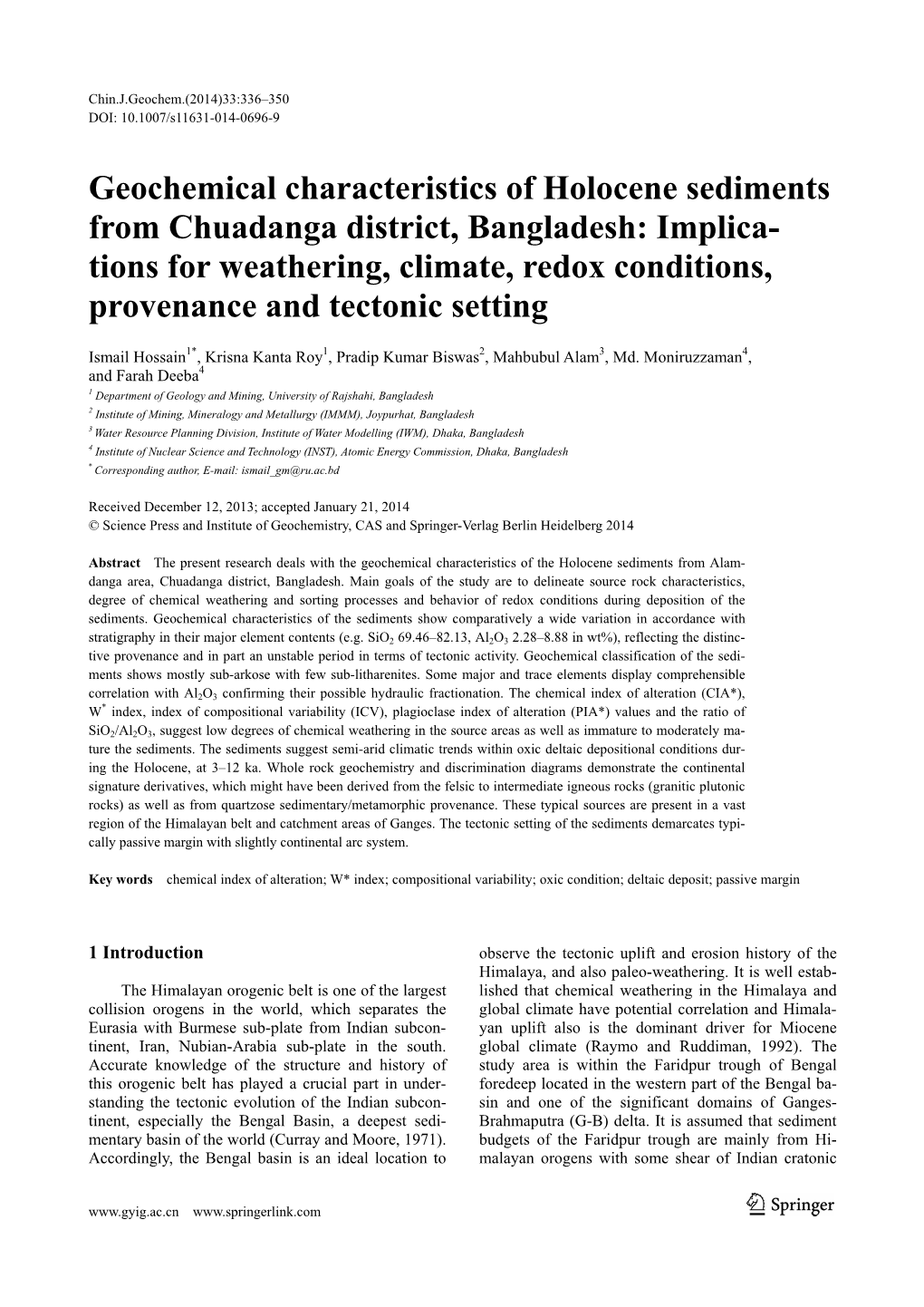 Geochemical Characteristics of Holocene Sediments From