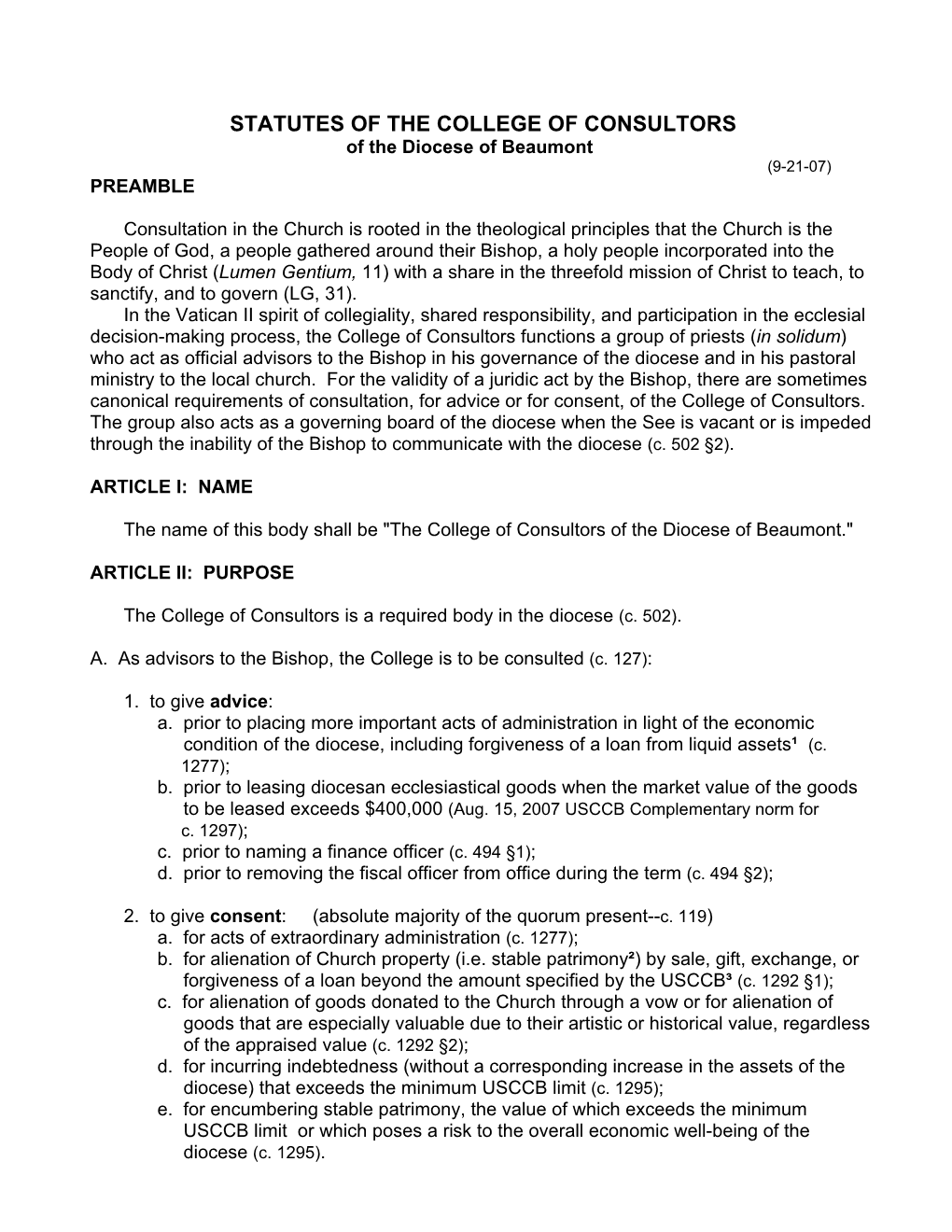 STATUTES of the COLLEGE of CONSULTORS of the Diocese of Beaumont (9-21-07) PREAMBLE