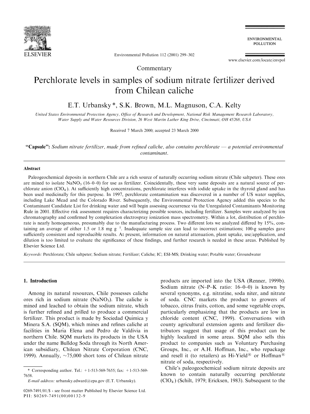 Perchlorate Levels in Samples of Sodium Nitrate Fertilizer Derived from Chilean Caliche