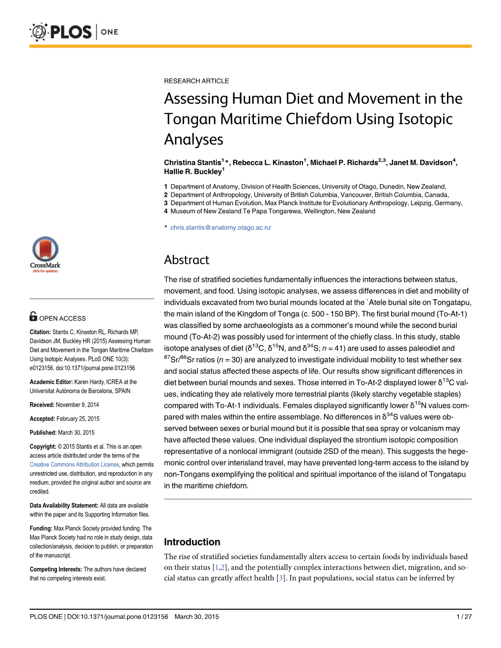 Assessing Human Diet and Movement in the Tongan Maritime Chiefdom Using Isotopic Analyses