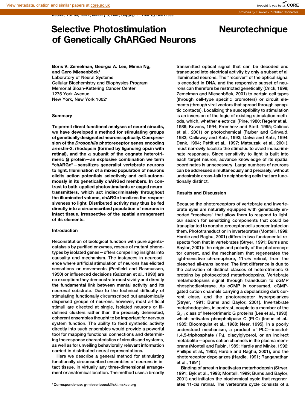 Neurotechnique Selective Photostimulation of Genetically Charged Neurons