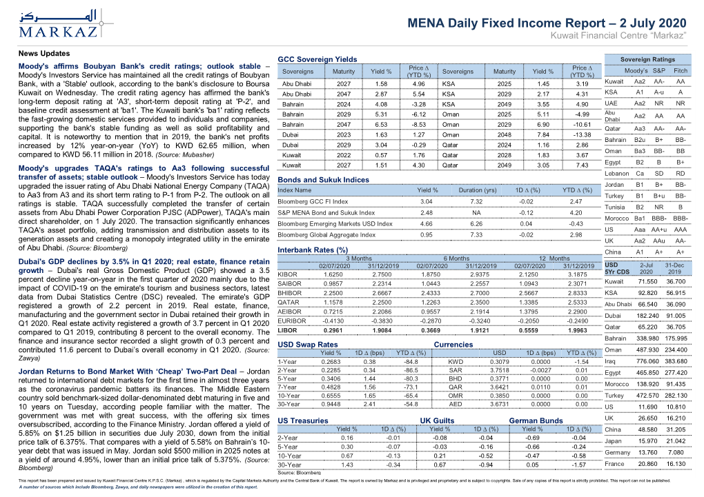 MENA Daily Fixed Income Report – 2 July 2020 Kuwait Financial Centre “Markaz”