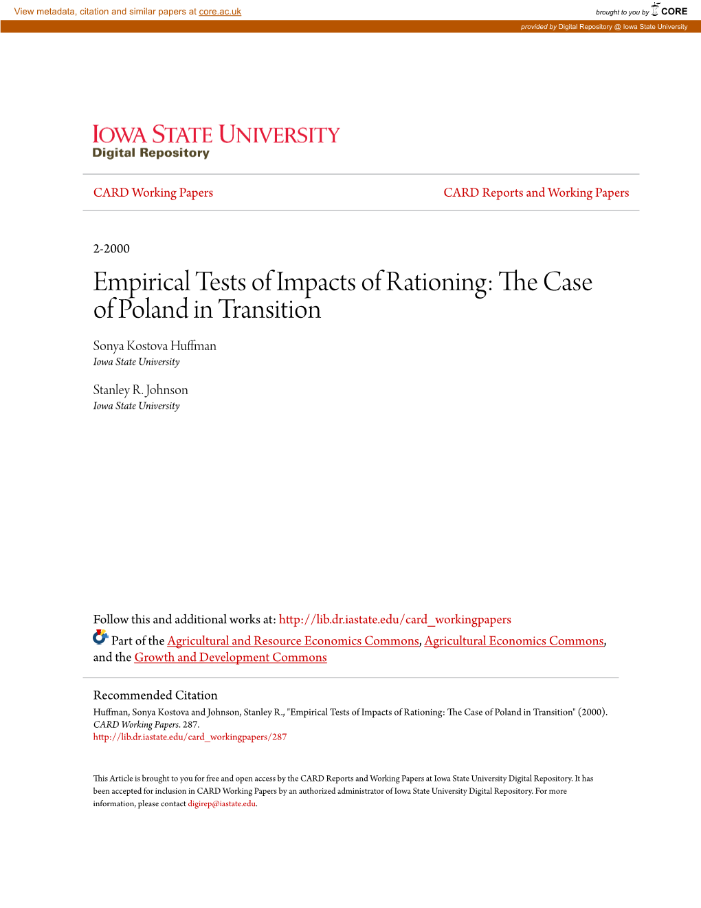 Empirical Tests of Impacts of Rationing: the Ac Se of Poland in Transition Sonya Kostova Huffman Iowa State University