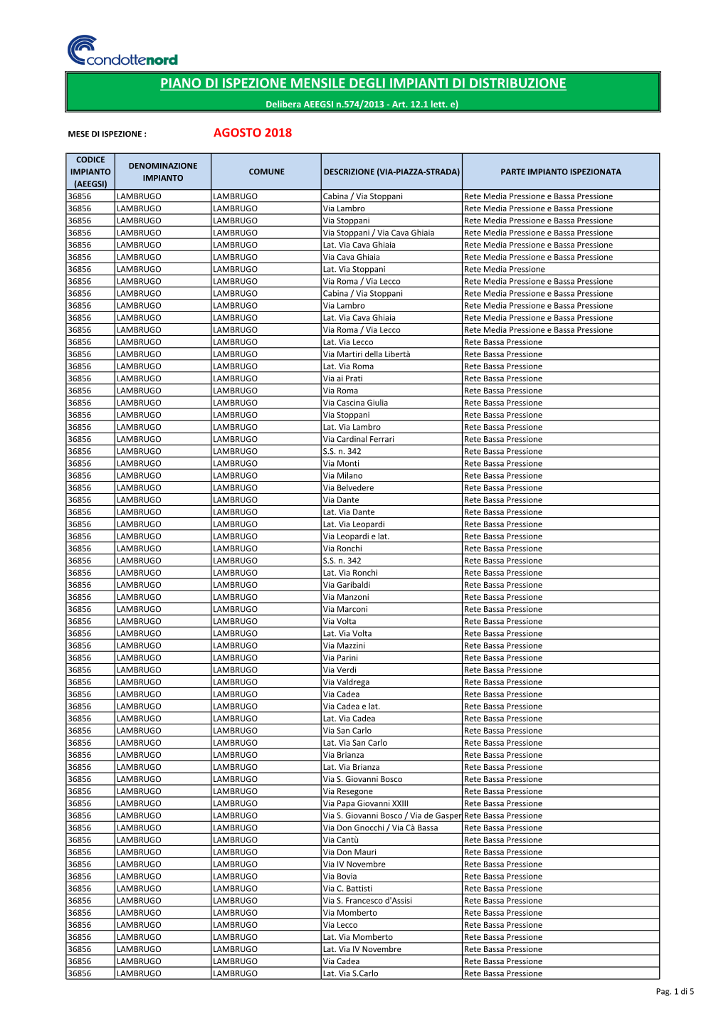 PIANO DI ISPEZIONE MENSILE DEGLI IMPIANTI DI DISTRIBUZIONE Delibera AEEGSI N.574/2013 - Art