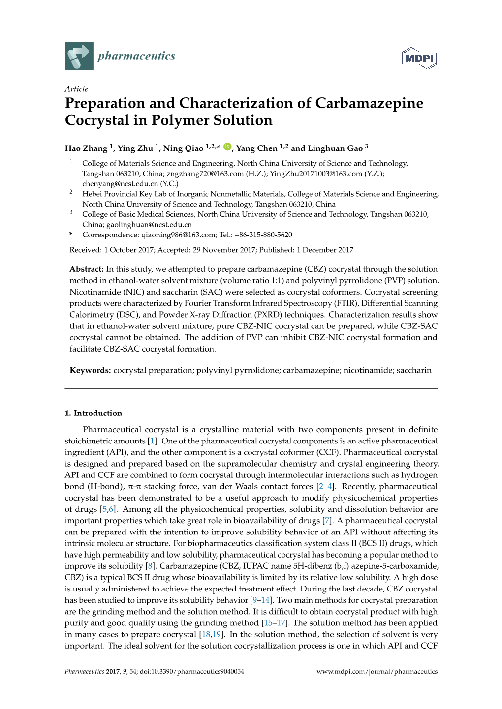 Preparation and Characterization of Carbamazepine Cocrystal in Polymer Solution