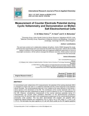 Measurement of Counter Electrode Potential During Cyclic Voltammetry and Demonstration on Molten Salt Electrochemical Cells