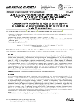 LEAF ANATOMY CHARACTERIZATION of FOUR Apochloa SPECIES: a C3 GENUS RELATED to EVOLUTION of C4 PATHWAY in GRASSES Caracterizaci