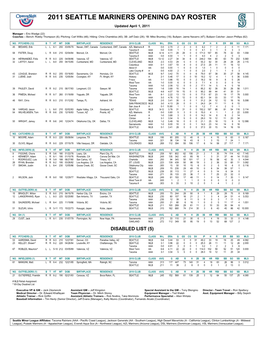 2011 SEATTLE MARINERS OPENING DAY ROSTER Updated April 1, 2011