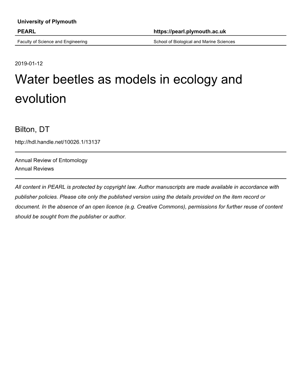 Water Beetles As Models in Ecology and Evolution