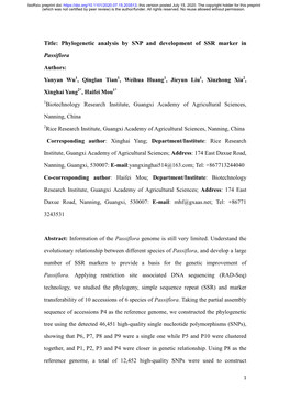 Phylogenetic Analysis by SNP and Development of SSR Marker in Passiflora