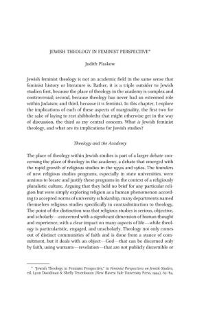 Jewish Theology in Feminist Perspective* Judith Plaskow