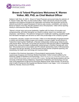 Brown & Toland Physicians Welcomes K. Warren Volker, MD, Phd, As