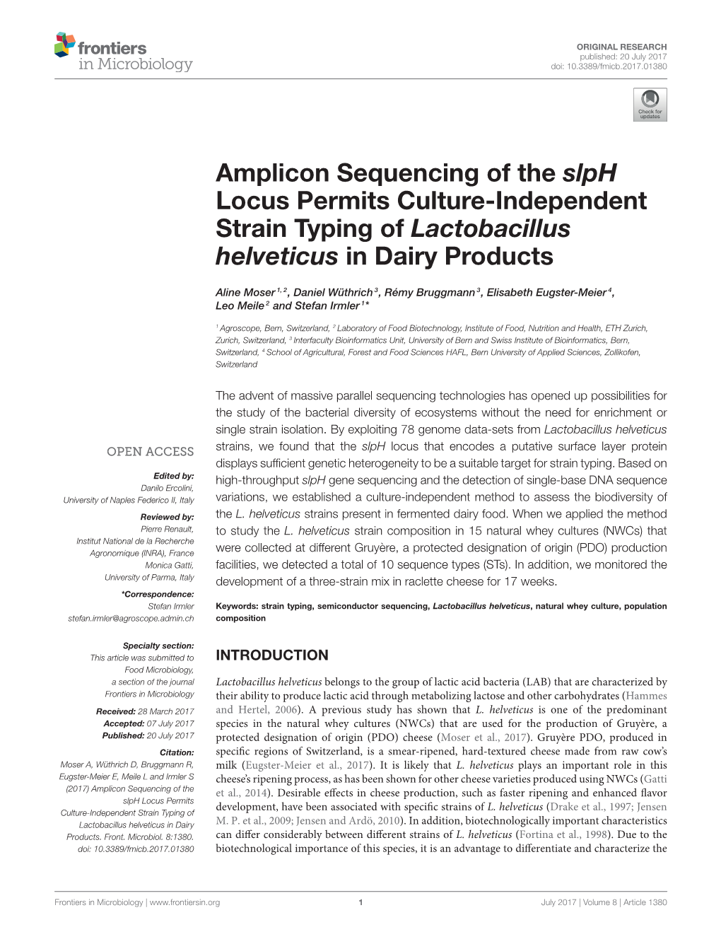 Amplicon Sequencing of the Slph Locus Permits Culture-Independent Strain Typing of Lactobacillus Helveticus in Dairy Products