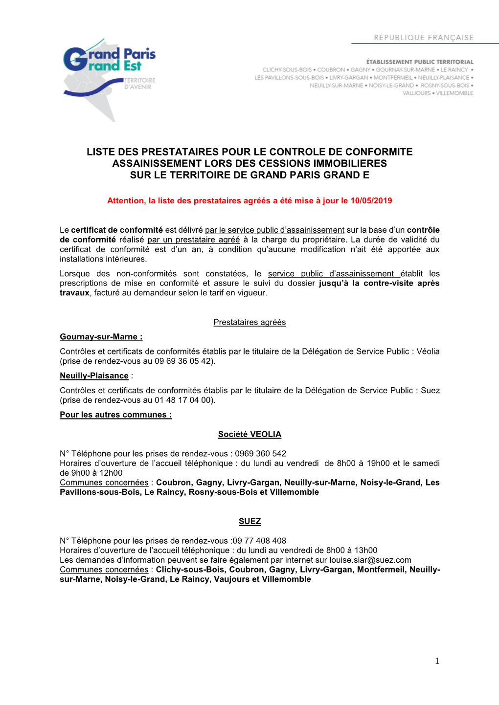 Liste Des Prestataires Pour Le Controle De Conformite Assainissement Lors Des Cessions Immobilieres Sur Le Territoire De Grand Paris Grand E