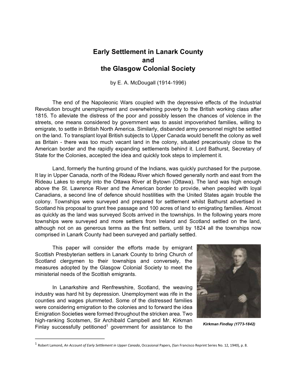 Early Settlement in Lanark County and the Glasgow Colonial Society