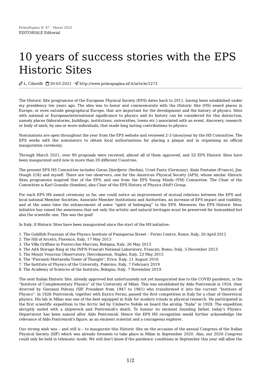 10 Years of Success Stories with the EPS Historic Sites