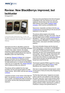 New Blackberrys Improved, but Lackluster 18 August 2011