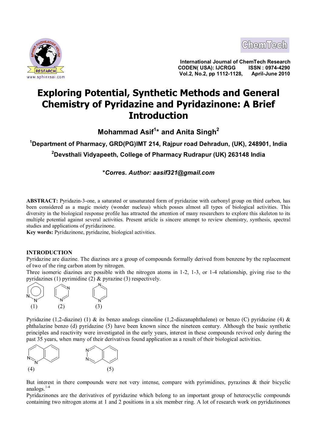Exploring Potential, Synthetic Methods and General Chemistry of Pyridazine and Pyridazinone: a Brief Introduction