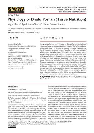 Physiology of Dhatu Poshan (Tissue Nutrition) Megha Shukla1, Rajesh Kumar Sharma2, Dinesh Chandra Sharma3 1P.G