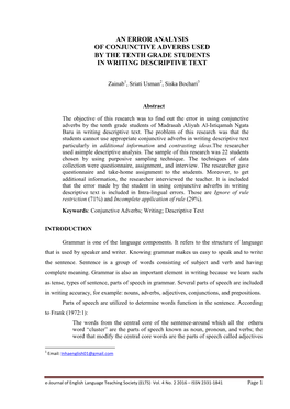 An Error Analysis of Conjunctive Adverbs Used by the Tenth Grade Students in Writing Descriptive Text