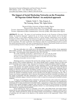 The Impact of Social Marketing Networks on the Promotion of Nigerian Global Market: an Analytical Approach 1Alakali, Terfa T., 2Alu, Francis A