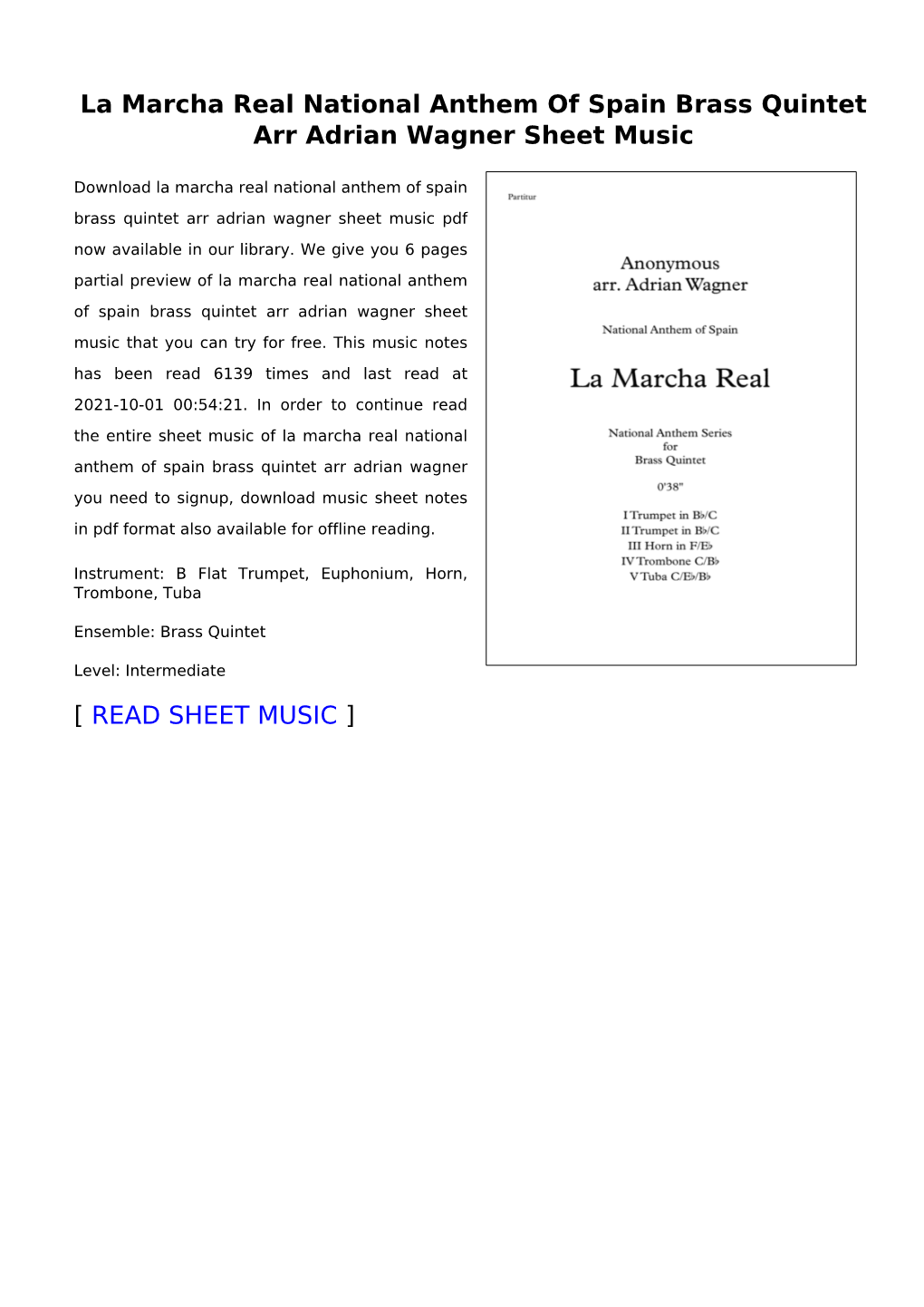 La Marcha Real National Anthem of Spain Brass Quintet Arr Adrian Wagner Sheet Music