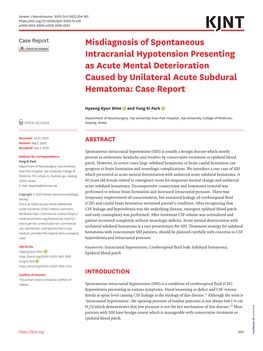 Misdiagnosis of Spontaneous Intracranial Hypotension Presenting As Acute Mental Deterioration Caused by Unilateral Acute Subdural Hematoma: Case Report