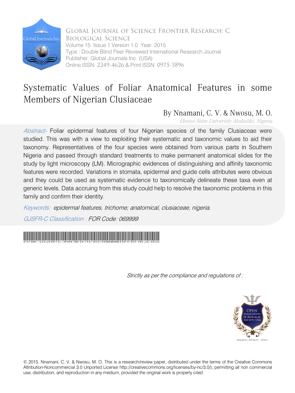 Systematic Values of Foliar Anatomical Features in Some Members of Nigerian Clusiaceae by Nnamani, C