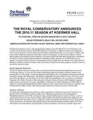 The Royal Conservatory Announces the 2010.11 Season at Koerner Hall