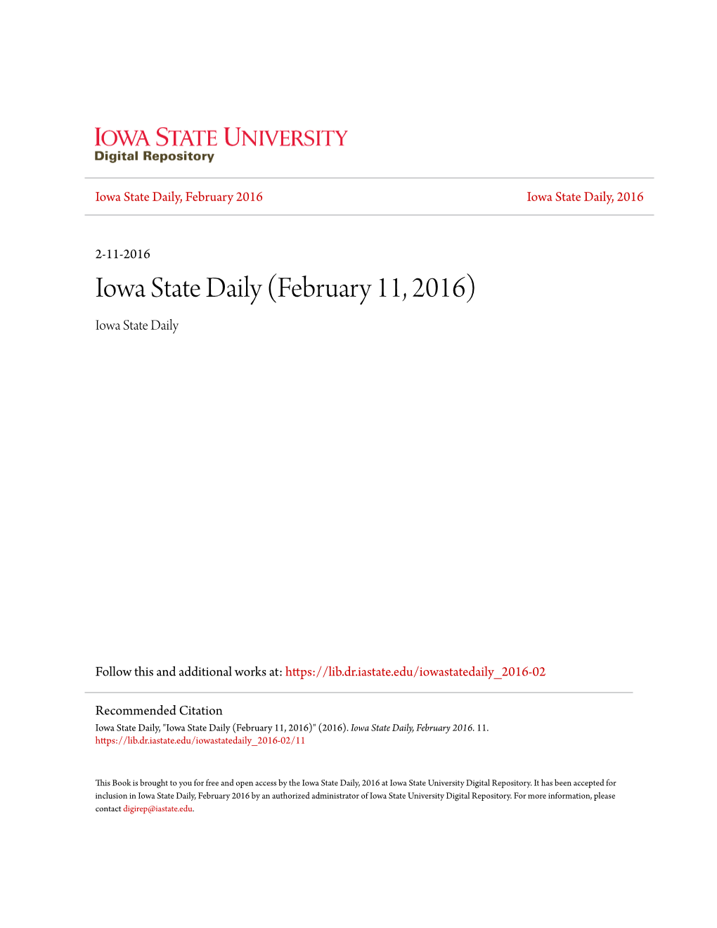 Iowa State Daily, February 2016 Iowa State Daily, 2016