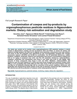 Contamination of Cowpea and By-Products by Organophosphorous Pesticide Residues in Ngaoundere Markets: Dietary Risk Estimation and Degradation Study