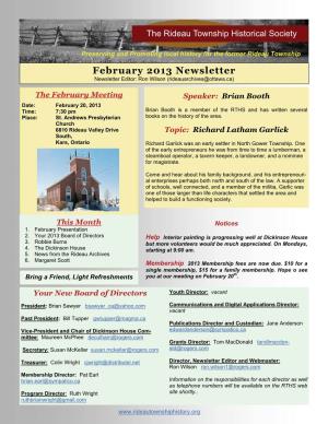 February 2013 Newsletter Newsletter Editor: Ron Wilson (Rideauarchives@Ottawa.Ca)